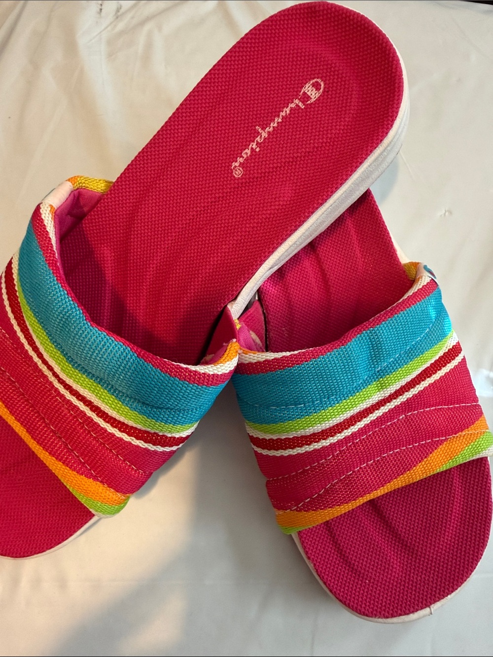 Champion Women's Bright Pink Slide Sandals with Rainbow Stripe Band